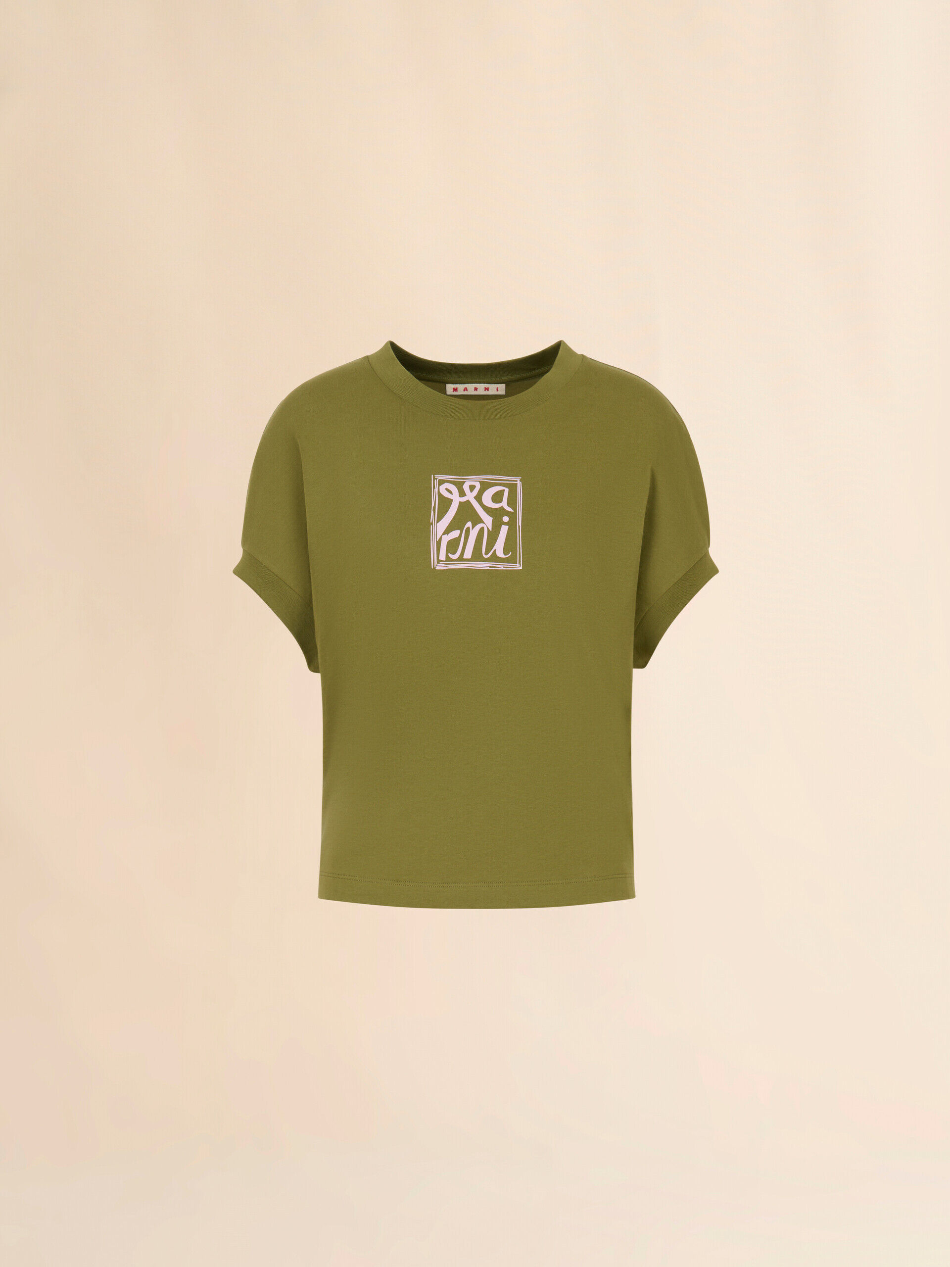 新品タグ付✴︎正規品MARNI プリントTシャツ オリーブ 40 Marni Frameロゴ グリーン コットンコクーンTシャツ | Marni