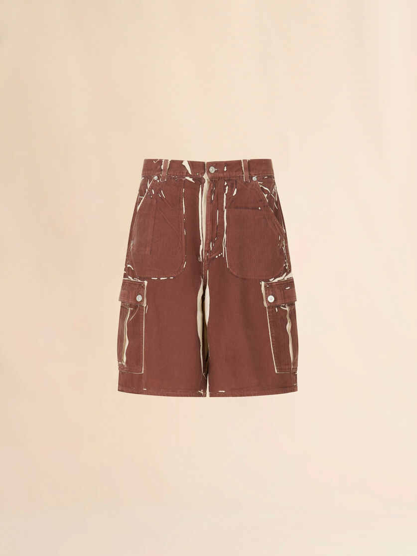 Brown screen-printed denim cargo shorts, Image 1