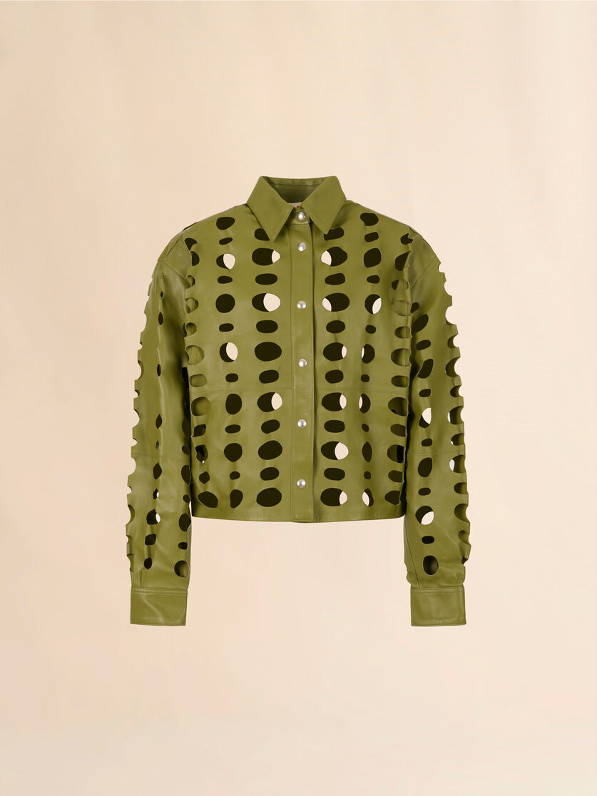 Green nappa leather shirt with cut-out detailing, Image 1