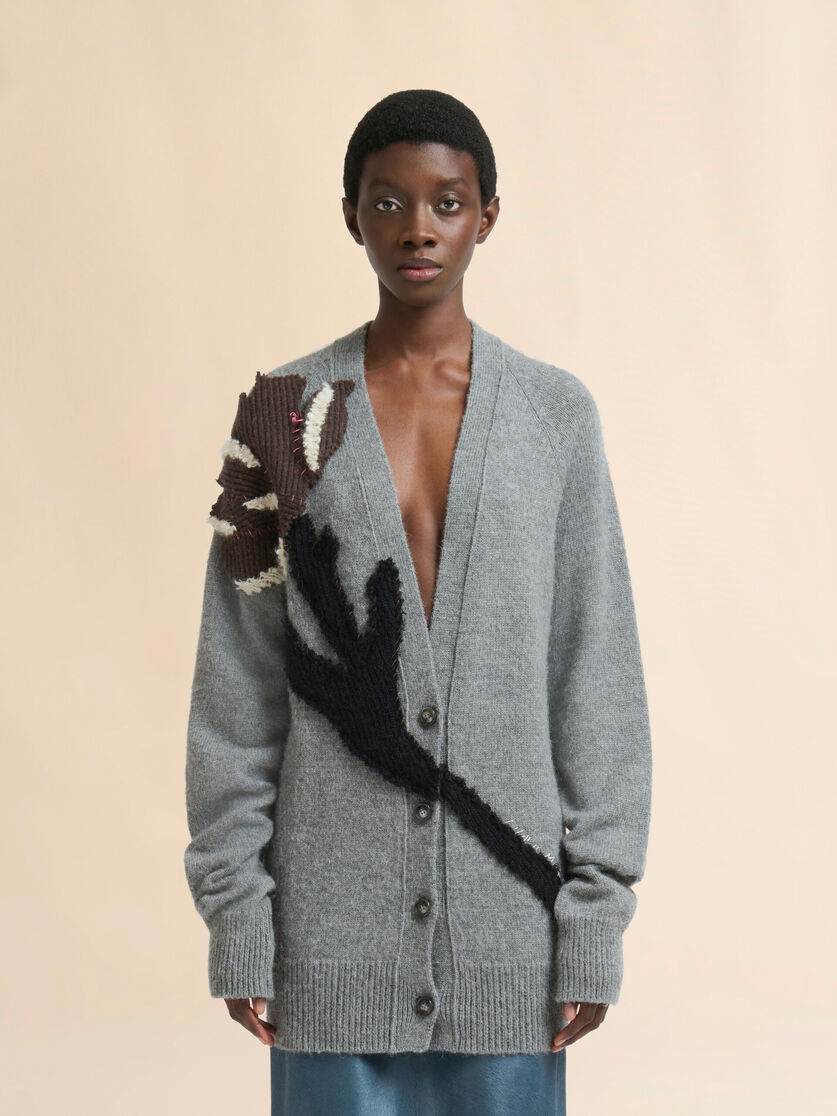 Grey Alpaca wool cardigan with flower patch - Pullovers - Image 2
