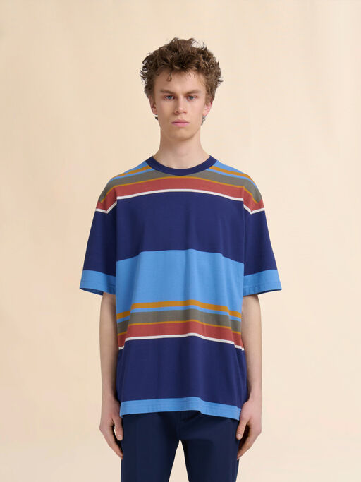 Blaues T-Shirt aus Bio-Baumwolle mit Streifen im Colorblock-Design - Hemden