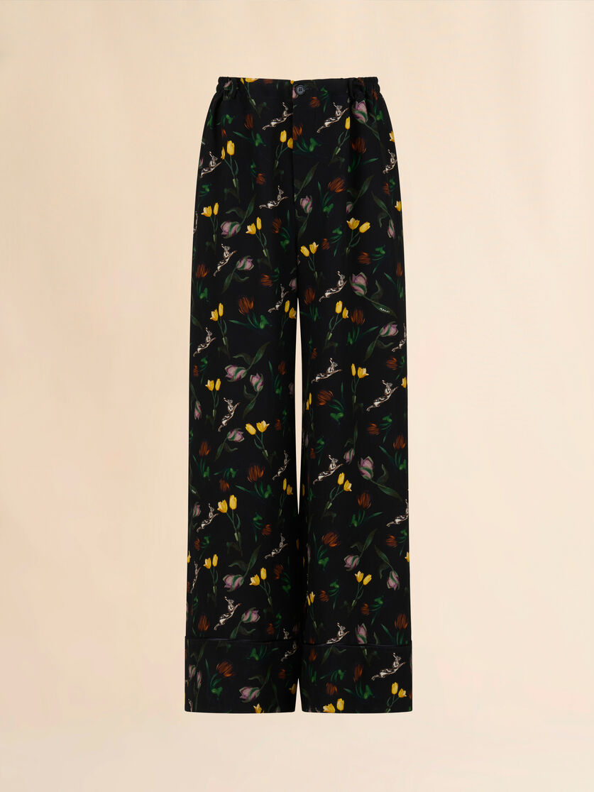 Cream envers satin palazzo trousers with Tulips and Hares print - Pants - Image 1
