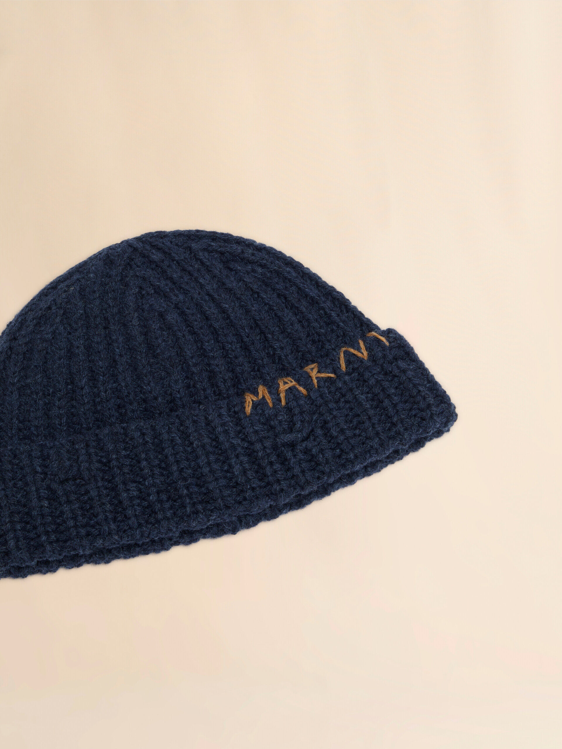 Deep blue ribbed beanie with hand-stitched logo | Marni