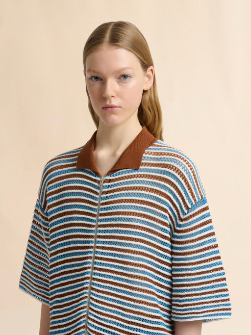 Brown and blue striped cotton crochet cardigan - Pullovers