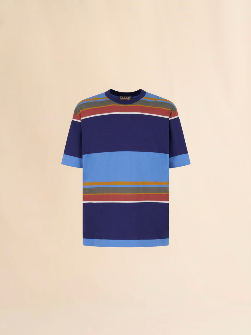 Blue organic cotton T-shirt with colour-block stripes - Shirts - Image 1