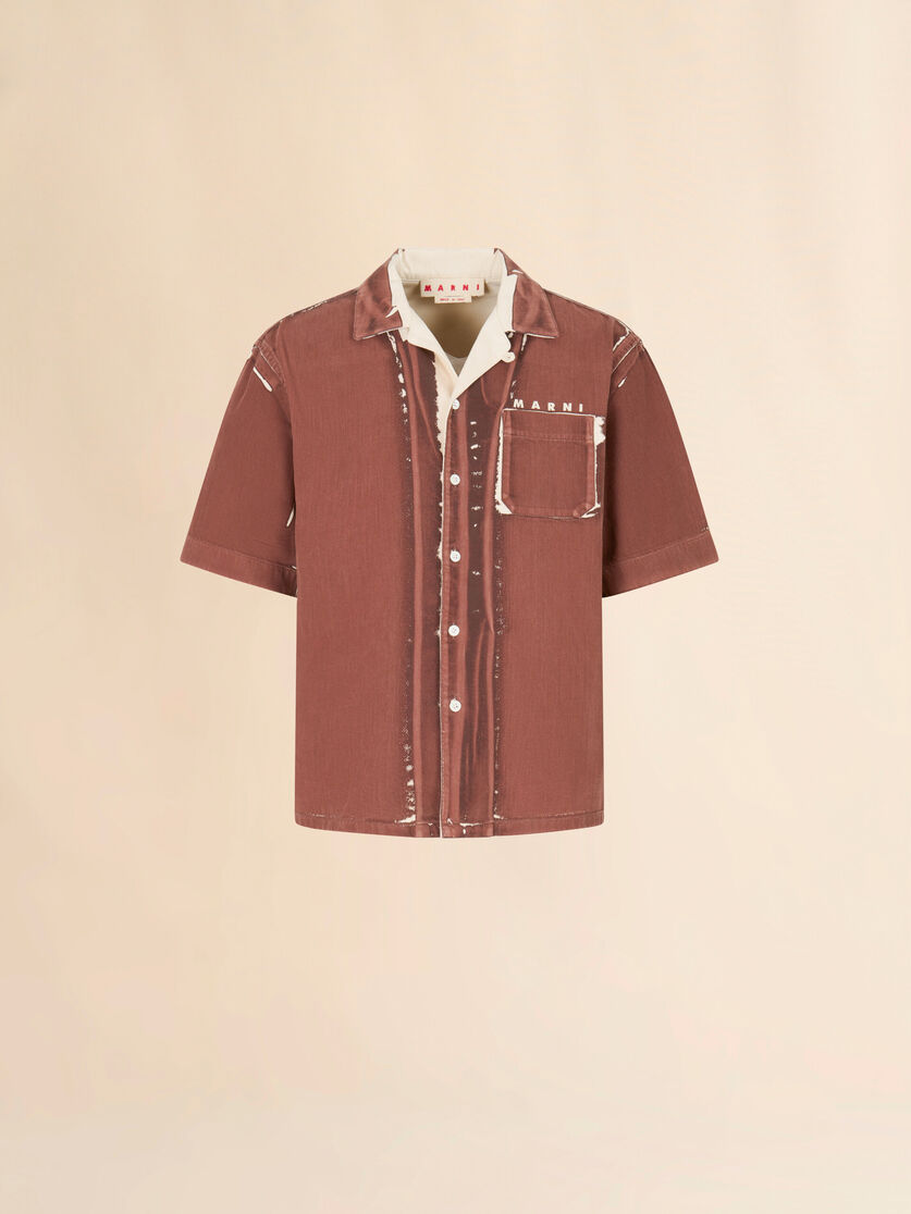 Brown screen-printed denim shirt, Image 1