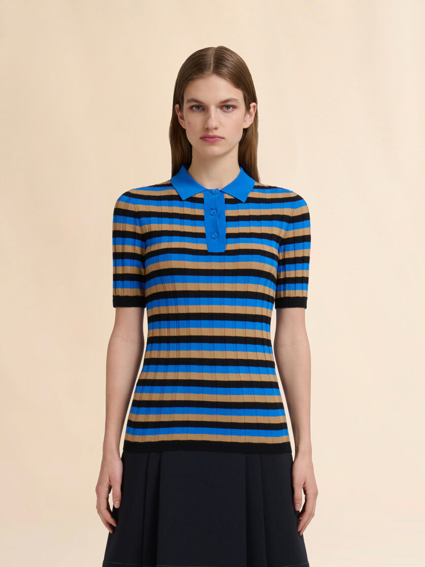 Brown and blue striped wool polo shirt - Shirts - Image 2