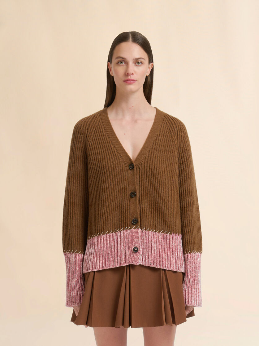 Brown wool colour-block cardigan - Pullovers - Image 2