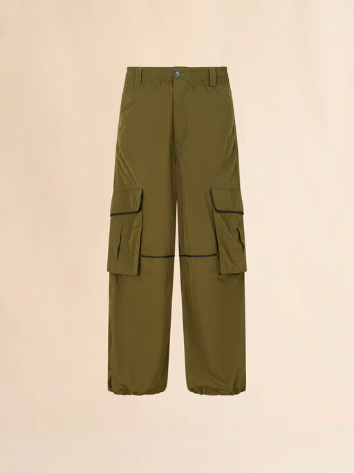 Green crinkled nylon cargo trousers with contrast piping - Pants