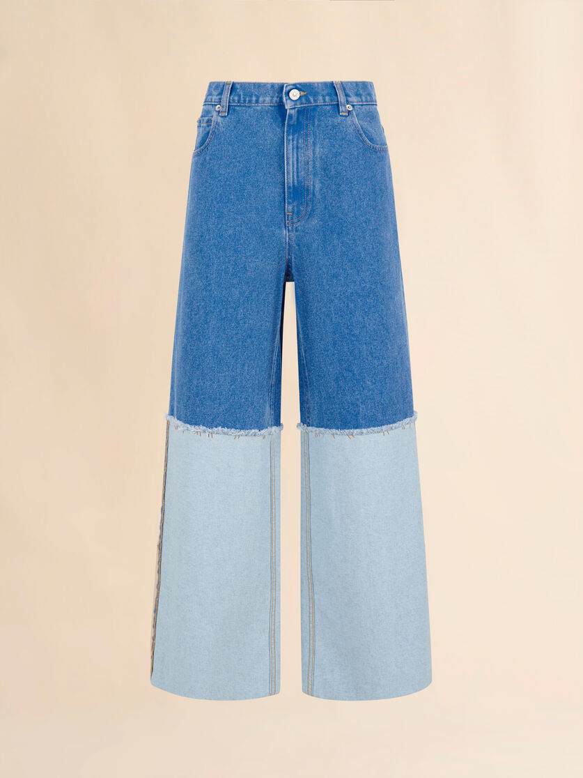 Wide-leg blue denim jeans with extra high cuffs - Pants - Image 1