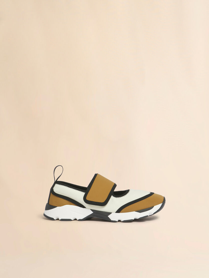 White and light brown lycra Mary Jane Running Sneaker, Image 1