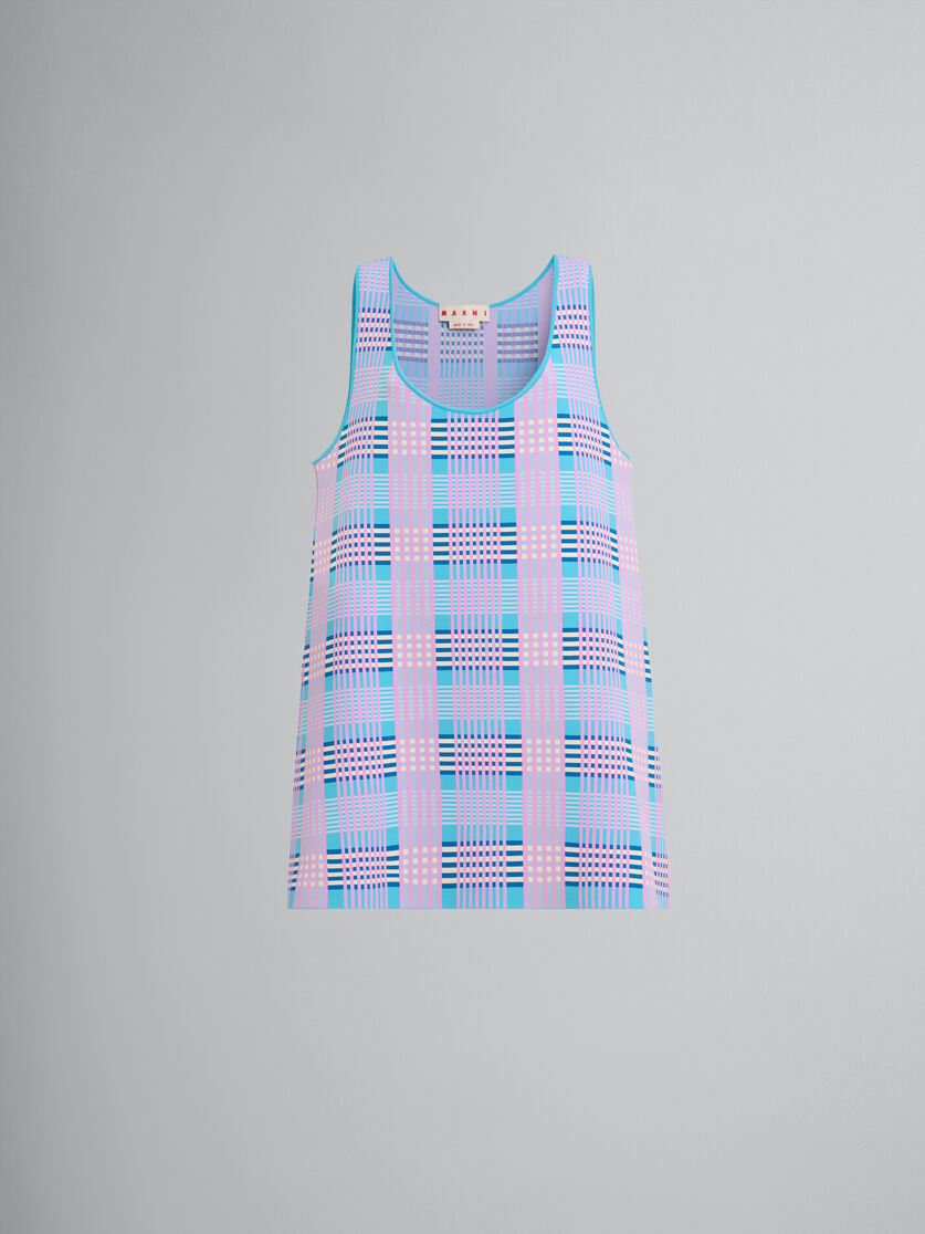 ピンク ブルー チェック テクノニット Aラインドレス - ドレス - Image 1