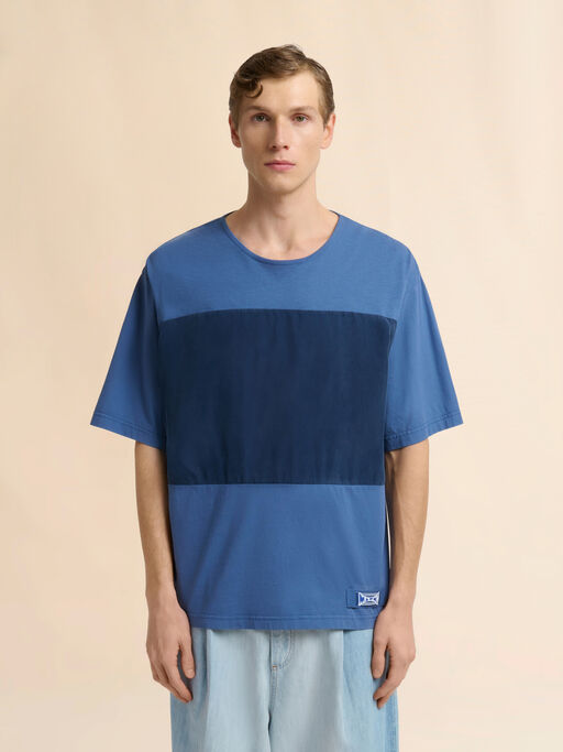 ブルー コットン製Tシャツ カラーブロックのフロント - シャツ