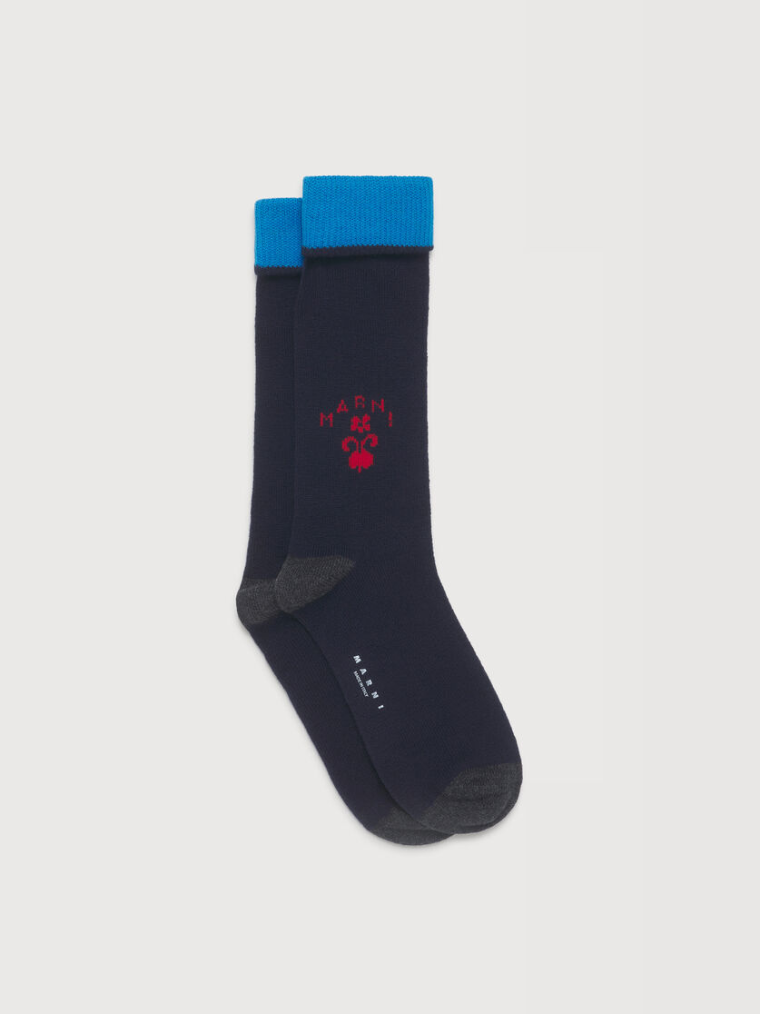 Deep blue wool-cashmere socks with crest logo, Image 1