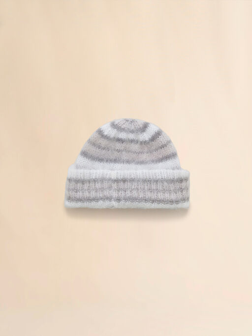 Grey brushed mohair beanie with stripes - Hats