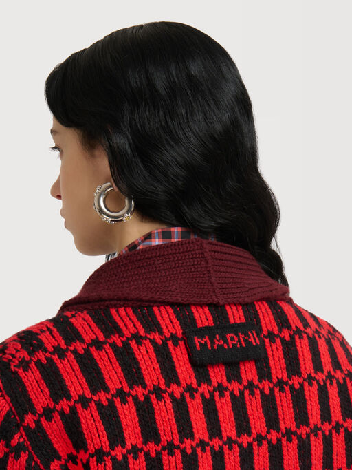Red wool cardigan with geometric motif - Pullovers