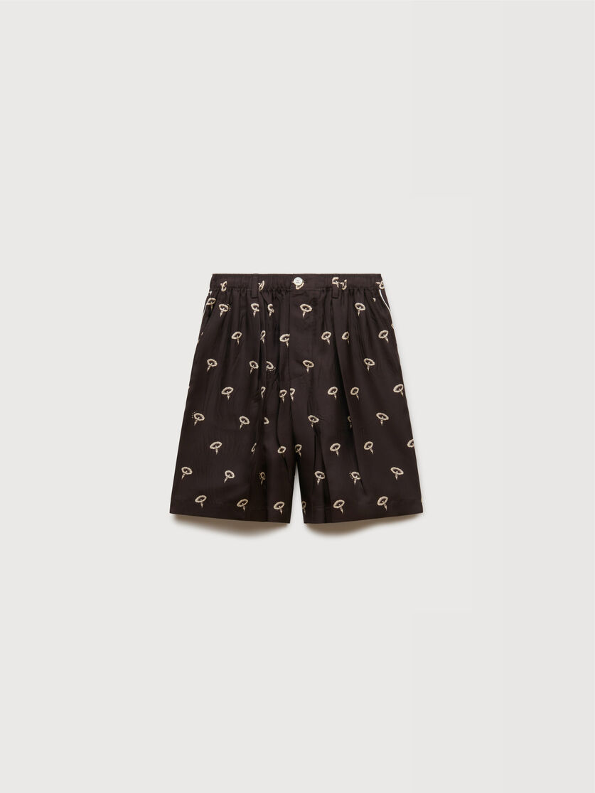 Brown silk twill pyjama shorts with floral print, Image 1