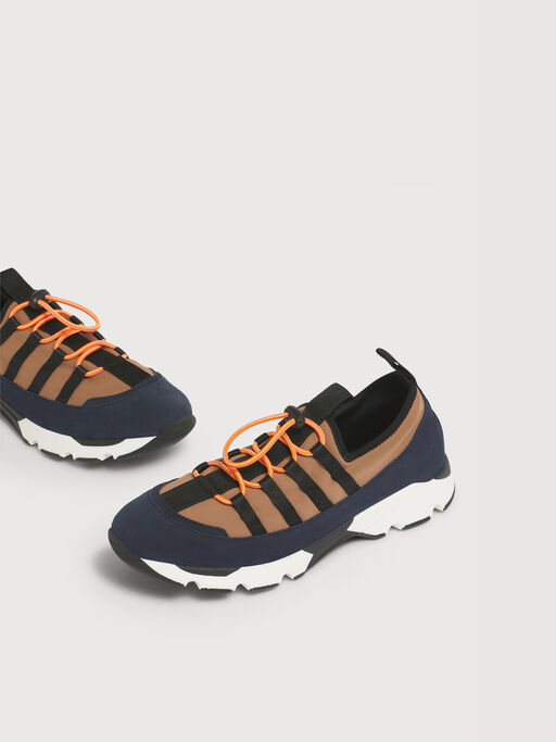 Sneaker mit Schn&uuml;rung aus hellbraunem und blauem Lycra - Sneakers