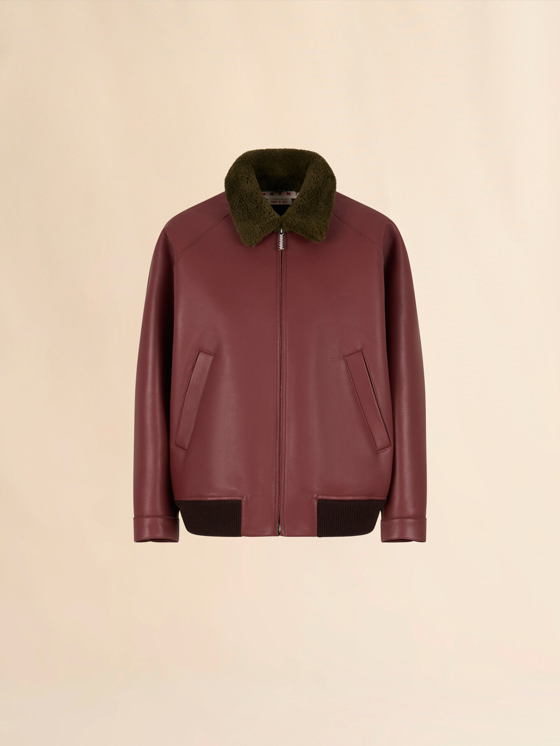 MARNI ジャケット Burgundy leather jacket with shearling collar | Marni