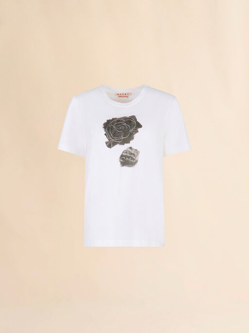 ホワイト コットン製T-シャツ、スクレイプドローズプリント - Tシャツ
