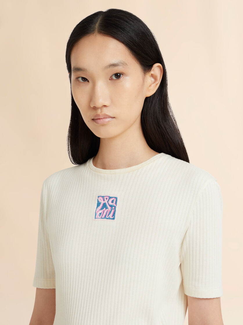 Marni Frameロゴ クリーム リブ編みコットンTシャツ, Image 4