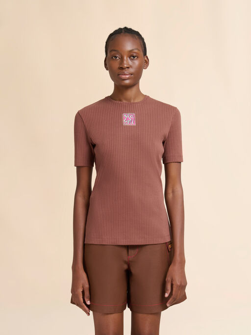 Brown ribbed cotton T-shirt with Marni Frame logo - T-shirts