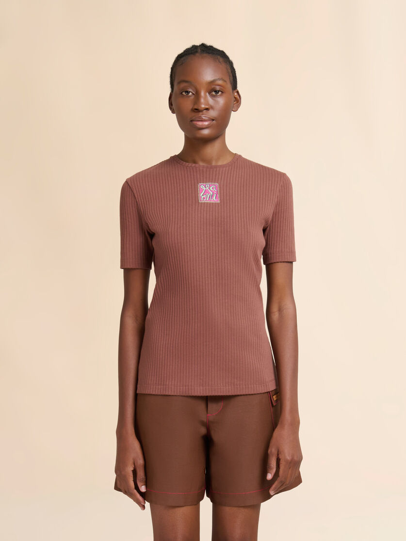 Brown ribbed cotton T-shirt with Marni Frame logo, Image 2