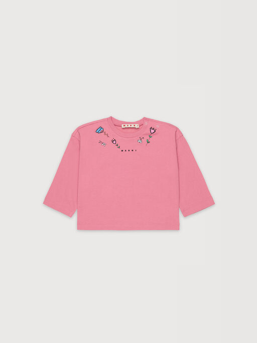 Pink long-sleeved cotton T-shirt with flower prints - T-shirts