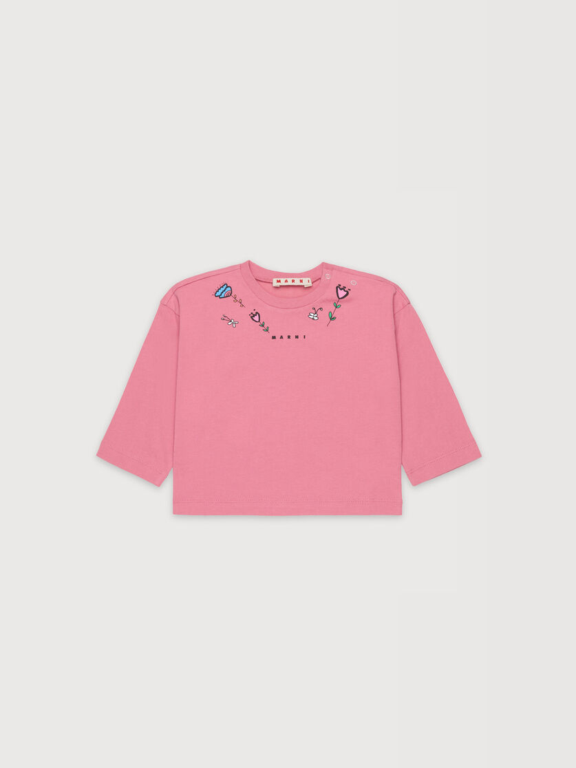 Pink long-sleeved cotton T-shirt with flower prints, Image 1
