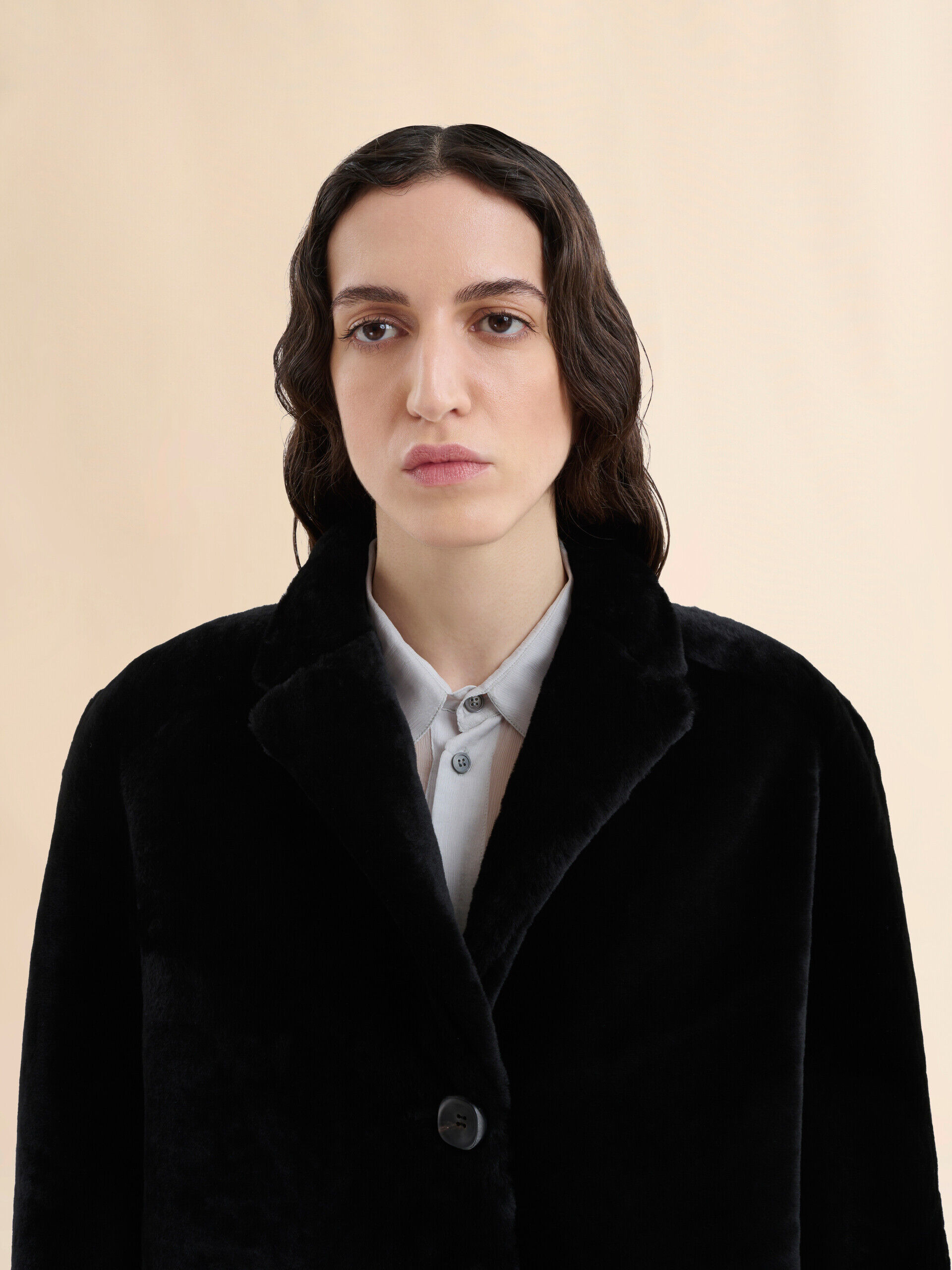 Black shaved shearling coat with padded shoulders | Marni