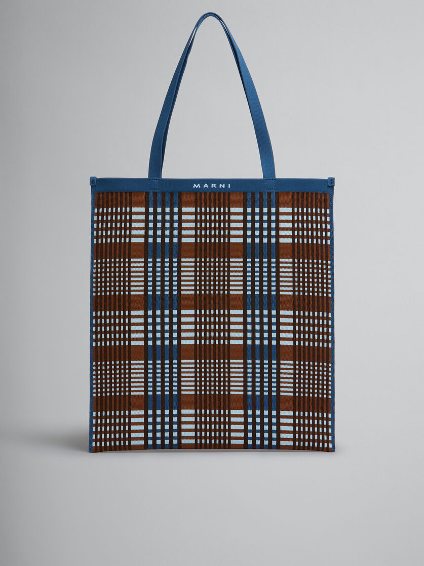 Blau-braun karierte, flache Tote Bag aus Jacquard | Marni