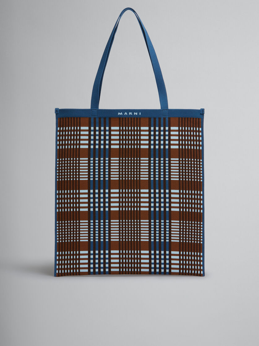 Blue and brown jacquard check flat tote bag - Shopping Bags - Image 1
