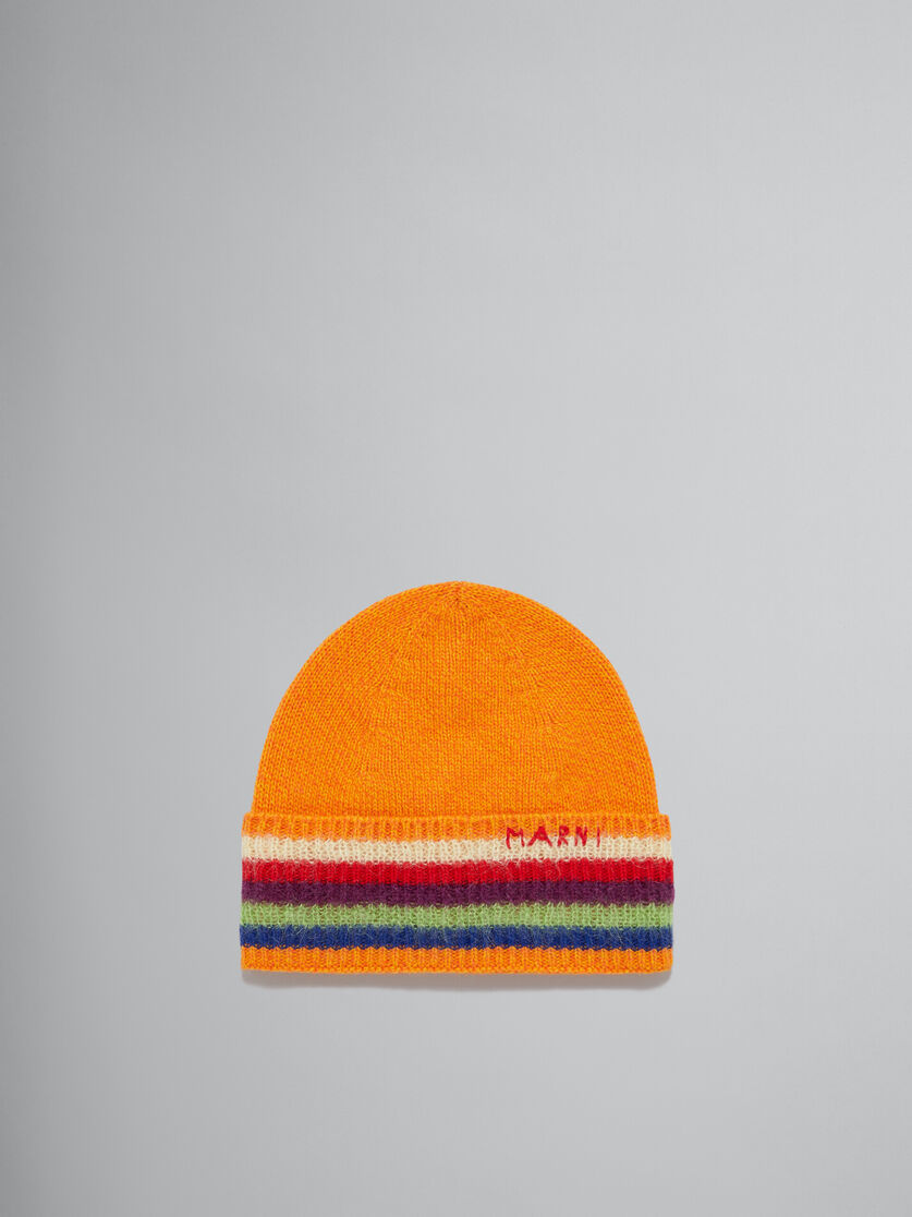 Berretto in lana arancione con risvolto a righe - Cappelli - Image 1