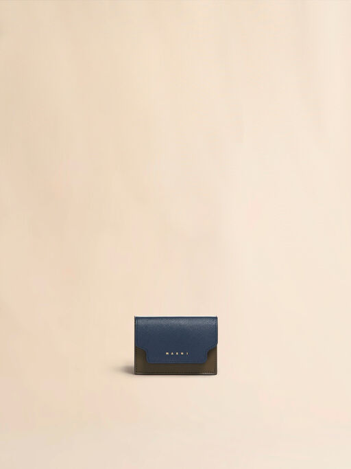 ディープブルー クリーム グリーン サフィアーノレザー製 三つ折りウォレット - 財布