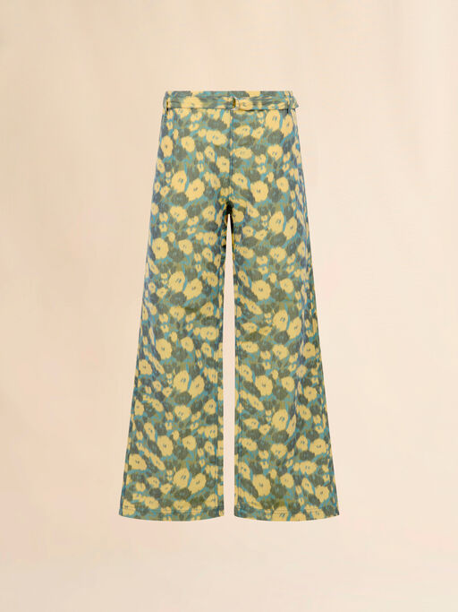 Green linen blend trousers with blurry floral print - Pants