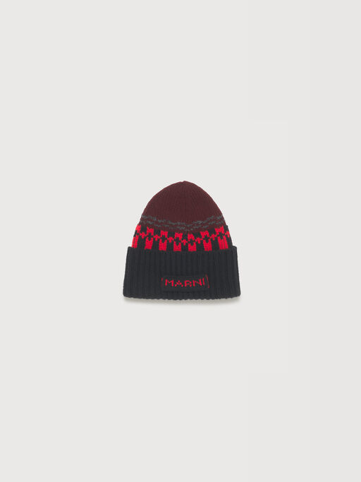 Red wool beanie with geometric motif - Hats