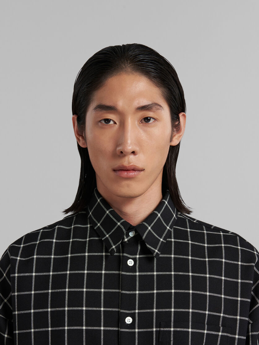 Black wool long-sleeved shirt with checked pattern - Shirts - Image 4