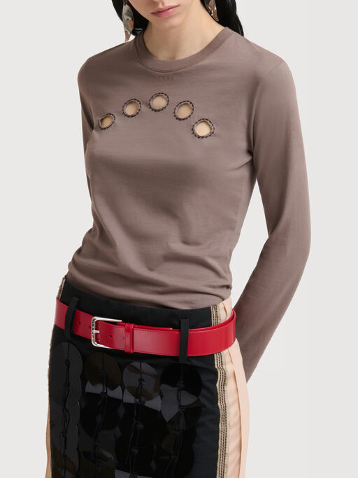 Grey cotton long-sleeved T-shirt with cut-out polka dots - T-shirts