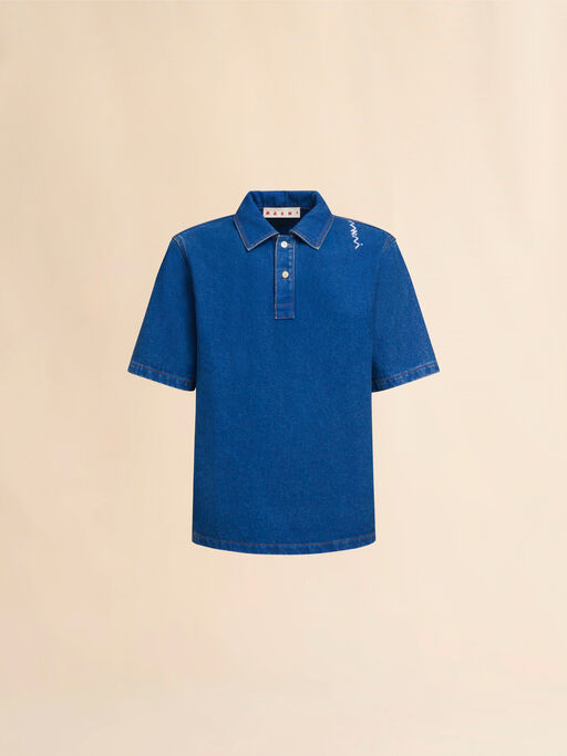 Blue oversize organic denim polo shirt with Marni Symbol - Shirts