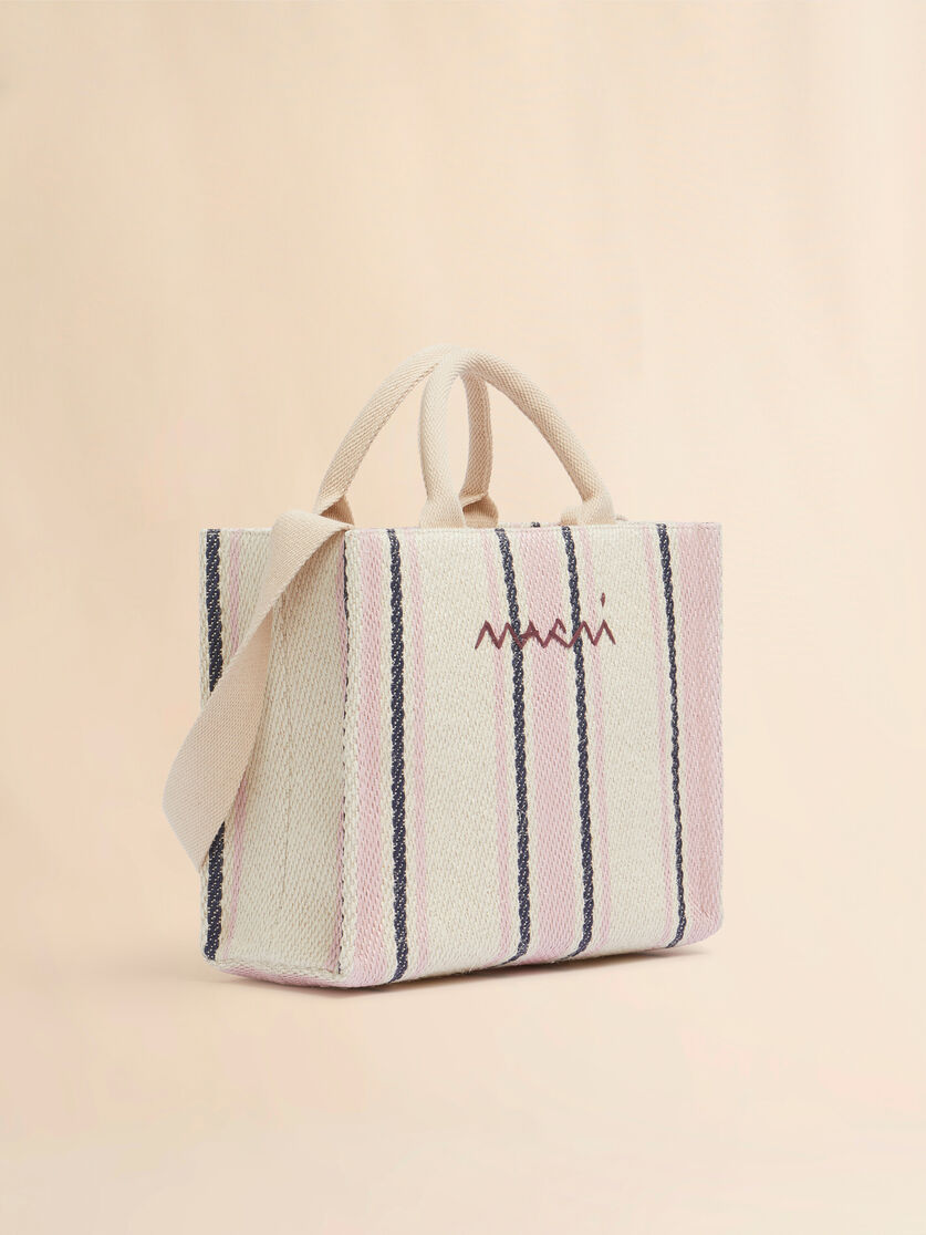 Petit sac fourre-tout en tissu effet raphia beige à rayures rose et bleu - Sacs cabas - Image 5
