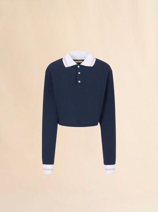 Deep blue piqué long-sleeved polo shirt - T-shirts