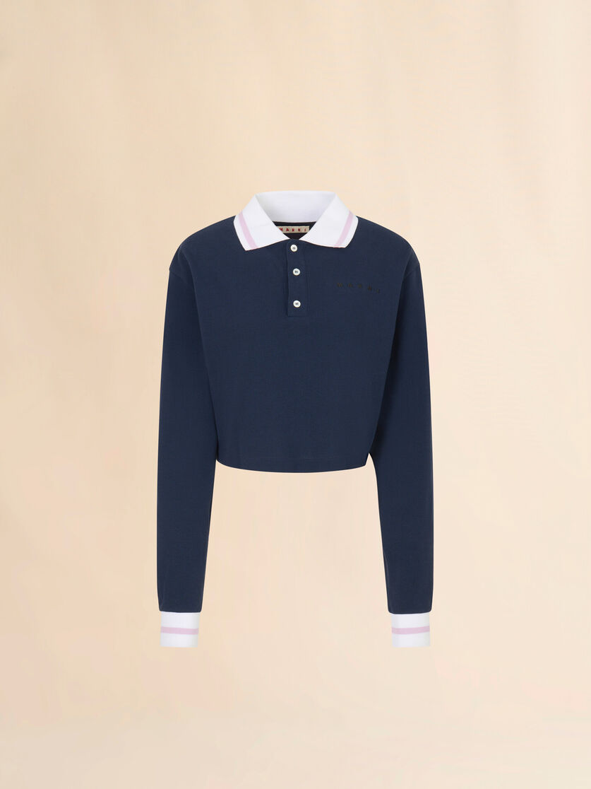 Deep blue piqué long-sleeved polo shirt, Image 1
