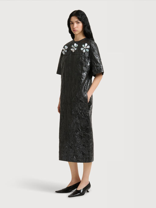 Black crinkled taffeta dress with daisy details - Dresses