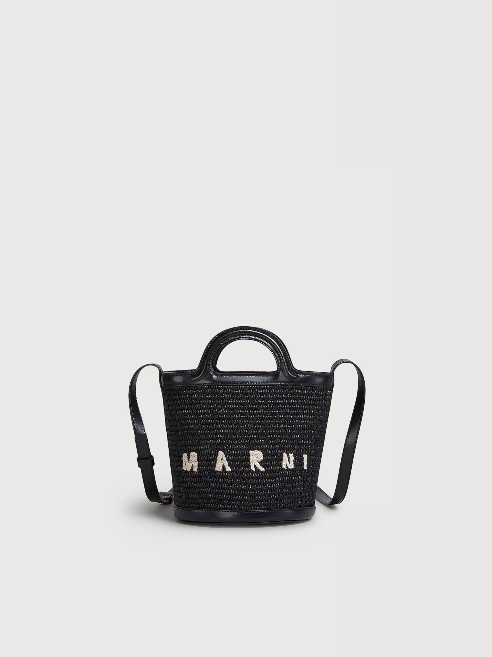 Tropicalia Small Bucket Bag in black leather and raffia-effect