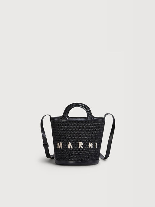 Tropicalia Small Bucket Bag in black leather and raffia-effect fabric - Shoulder Bag