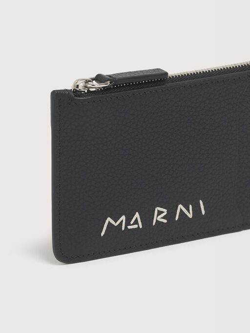 Black leather card case with Marni Mending embroidery - Wallets