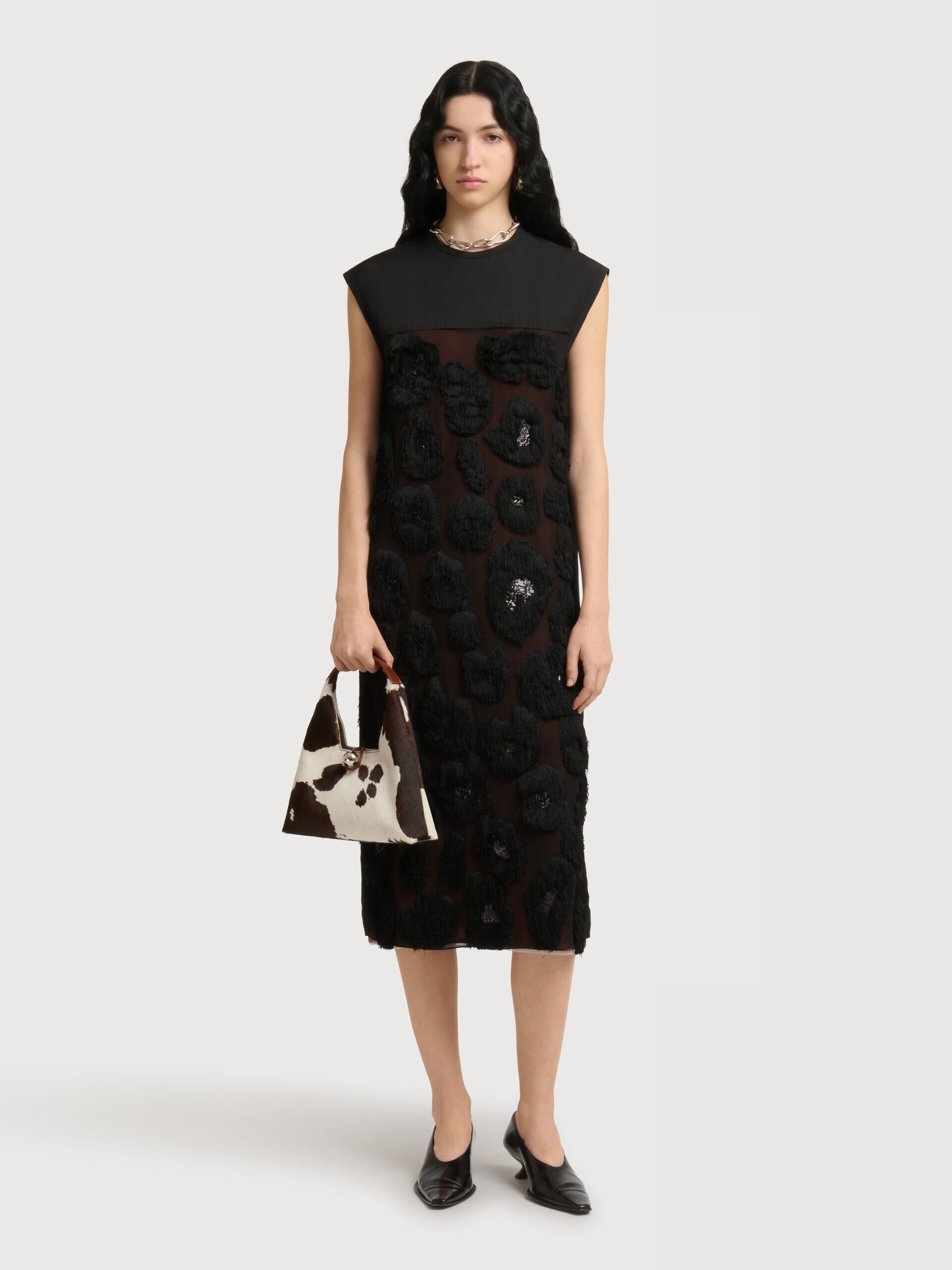 White and brown cow-print ponyhair Trapeze mini top handle bag | Marni