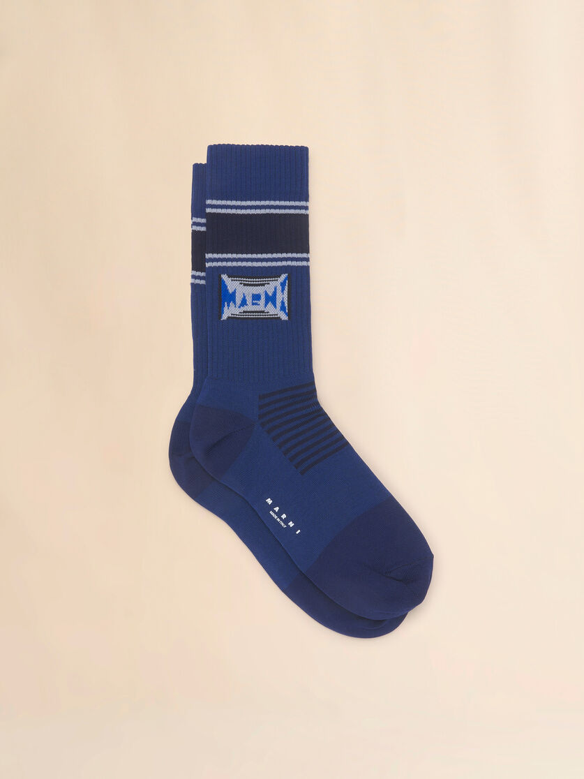 Blue cotton socks with jacquard logo, Image 1