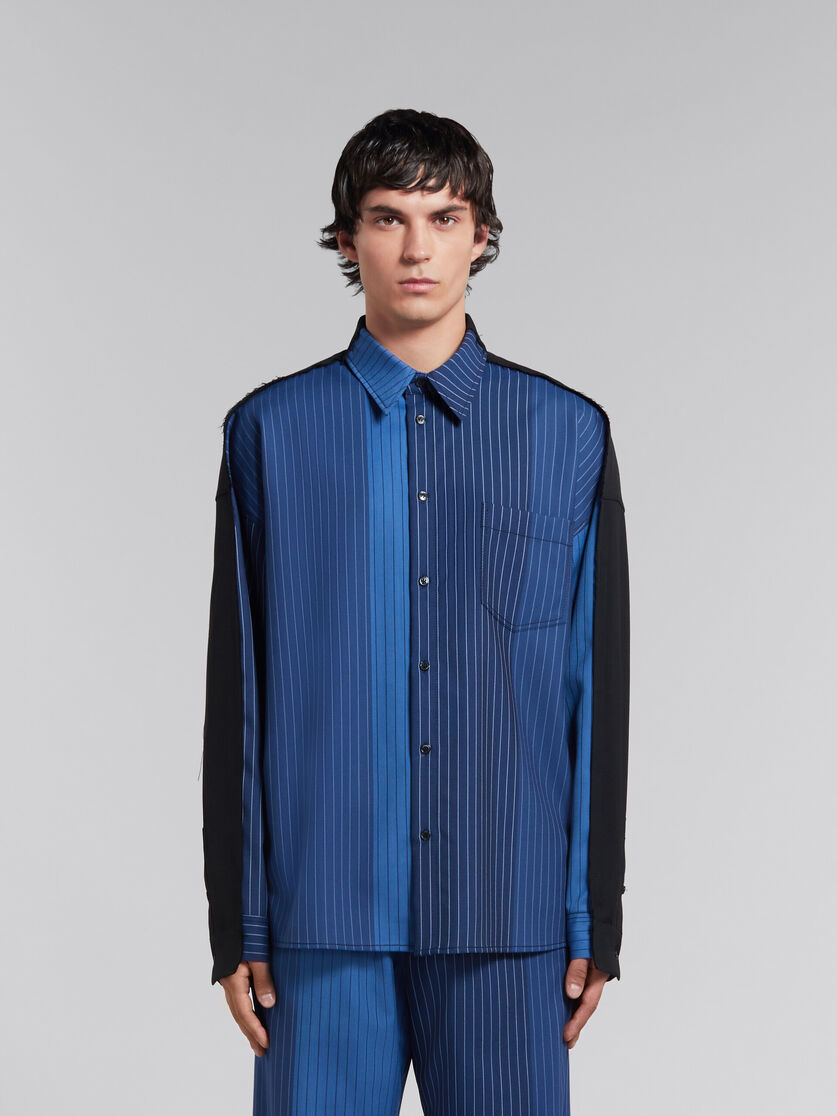 Camicia in lana gessata blu dégradé con retro a contrasto - Camicie - Image 2