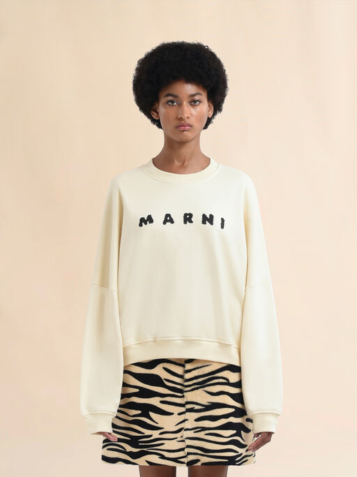 Ivory cotton crewneck T-shirt with printed Marni logo - Sweaters